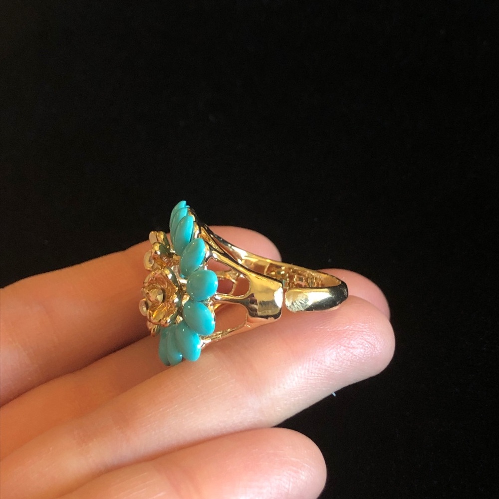Floral Turquoise Like Blue Color and Gold Tone Women's Ring - Picture 8 of 11